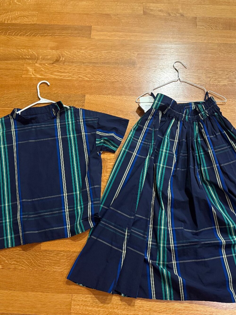 BEAMS BOY Navy Plaid Co-Ord Set Short Sleeve Top & Full Midi Skirt NWT